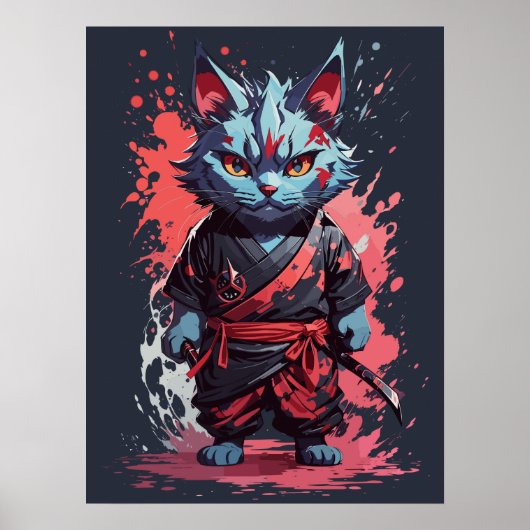 Cool Waterverf Grey Ninja Cat Warrior Poster (Voorkant)