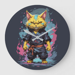 Cool Waterverf Yellow Ninja Cat Warrior Grote Klok
