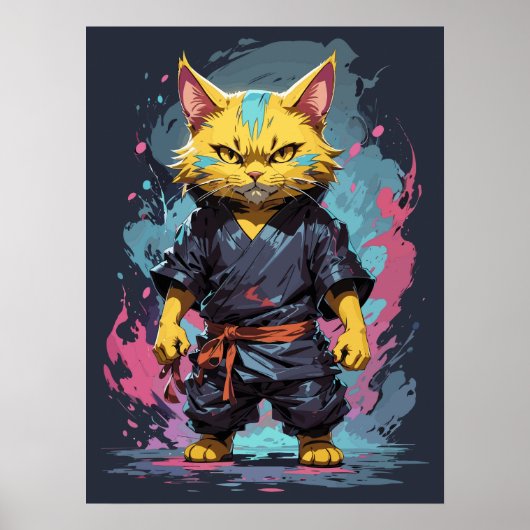 Cool Waterverf Yellow Ninja Cat Warrior Poster (Voorkant)
