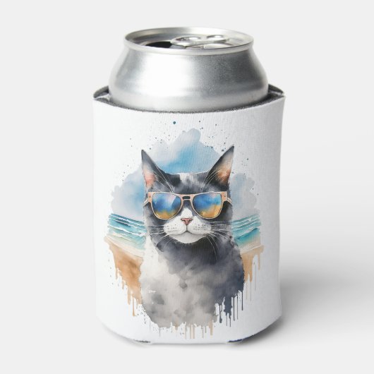 Cool Waterverf Zomer Tuxedo Cat Blikjeskoeler (Blikje Voorkant)