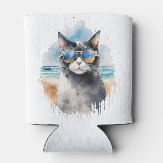 Cool Waterverf Zomer Tuxedo Cat Blikjeskoeler (Achterkant)