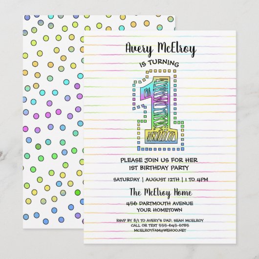 Cool Whimsical Fun 1st Birthday Party Invitation Kaart (Voorkant / Achterkant)