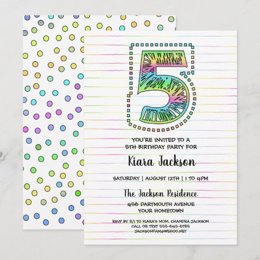 Cool Whimsical Fun 5th Birthday Party Invitation Kaart (Voorkant / Achterkant)