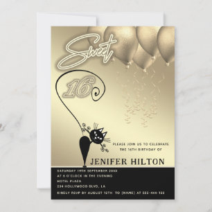 Cool whimsy cat zwart gouden ballon zoet 16 kaart