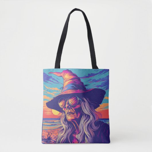 Cool Witch Retro Zonsondergang Halloween Draagtas (Voorkant)