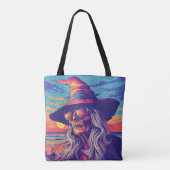 Cool Witch Retro Zonsondergang Halloween Draagtas (Achterkant)