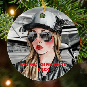 Cool Woman Piloot & Cessna Vliegtuig in Waterverf Keramisch Ornament