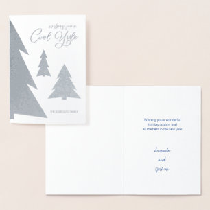 Cool Yule Modern Script Trees Holiday Silver Folie Kaarten