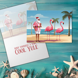 Cool Yule Santa en Flamingos Beach Kerstmis Feestdagen Kaart