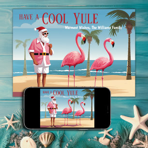 Cool Yule Santa en Flamingos Beach Kerstmis Feestdagenkaart