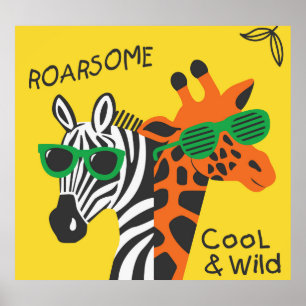 Cool Zebra Giraffe Cartoon Illustratie Poster