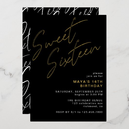 Cool Zwart & Goud Zoet Zestien Glam 16e Verjaardag Folie Uitnodiging (Voorkant / Achterkant)