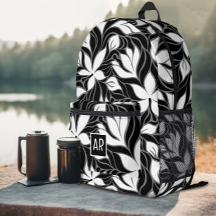 Cool Zwart Witte Moderne Bloem Motief met Monogram Bedrukte Rugzak