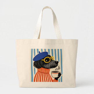 Cool Zwarte Poedel Drinkt Koffie met Baret Grote Tote Bag