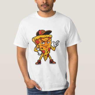 Coole Cartoon Pizzapunt Mascotte met Pet en Sneake T-shirt