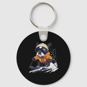 Coole Franse Bulldog Skiën Winter Grappige Sneeuw Sleutelhanger