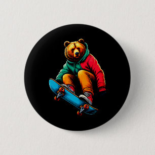 Coole funky grizzlybeer skateboarden illustratie ronde button 5,7 cm