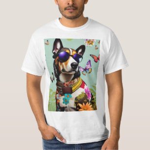 Coole Hond Met Zonnebril Met Bloemen & Vlinders T-shirt