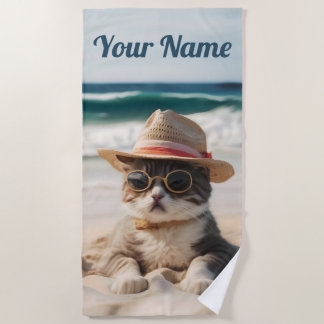 Coole Katze am Strand mit Sonnenbrille und Hut - Strandlaken