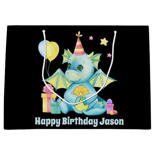 coole kinder unisex dragon voegt naam Happy Birthd Groot Cadeauzakje (Voorkant)