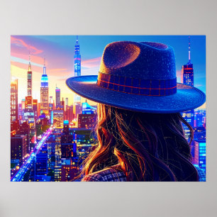 Coole NYC-meisje in Fedora-nachtlandschap Gebouwen Poster
