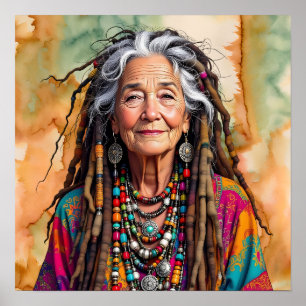 Coole oude dame in dreadlocks hippie vrouw poster