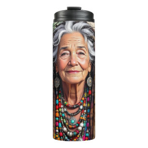 Coole oude dame in dreadlocks hippie vrouw thermosbeker