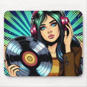 Coole Pop Art stripstijl meisje met vinylalbum Muismat