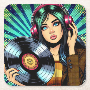 Coole Pop Art stripstijl meisje met vinylalbum Vierkante Kartonnen Onderzetter