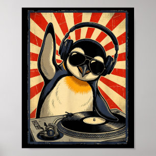 Coole retro pinguïn dj grappige pinguïns muziek ma poster