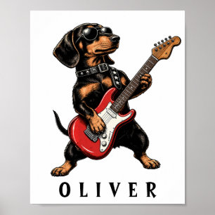 Coole Rocker Dachshond Hond Speelt Elektrische Git Poster