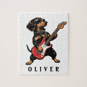 Coole Rocker Dachshund Hond Speelt Elektrische Git Legpuzzel