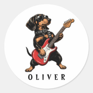 Coole Rocker Teckel Hond Speelt Elektrische Gitaar Ronde Sticker