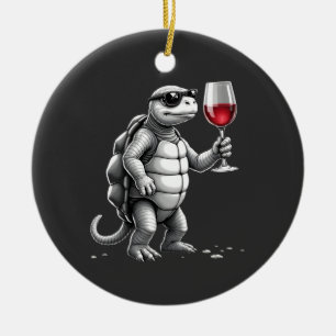 coole schildpad die rode wijn drinkt kunstprint_1  keramisch ornament