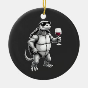 coole schildpad drinkt rode wijn kunstprint_1 (3) keramisch ornament