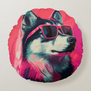 Coole Siberische Husky-hond met zonnebril Rond Kussen
