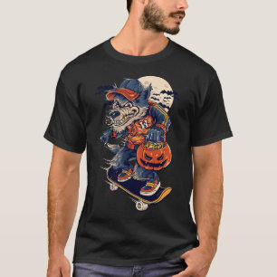 Coole skateboardende wolf met een Halloween pompoe T-shirt