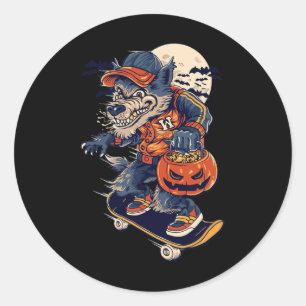 Coole skateboarding wolf met een Halloween pompoen Ronde Sticker