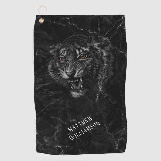 Coole Tijger  Zwarte Marmeren Achtergrond Monogram Golfhanddoek (Voorkant)