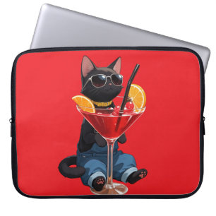Coole Zwarte Kat in Overall met Rode Cocktail Laptop Sleeve