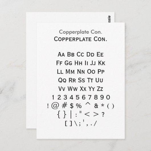 Coperplate Con. - Datablad Zazzle Font Sampler Briefkaart (Voorkant / Achterkant)