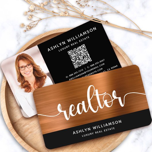 Copper Black Realtor Foto QR Code Broker Agent Visitekaartje