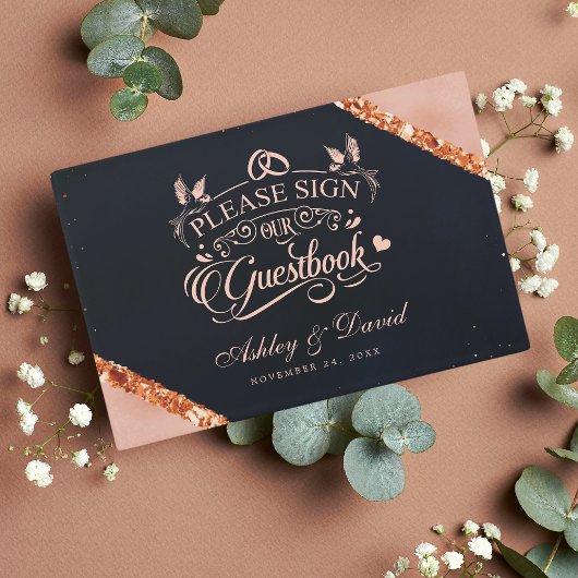 Copper Blush Pink Navy Geometric Wedding Gastenboek