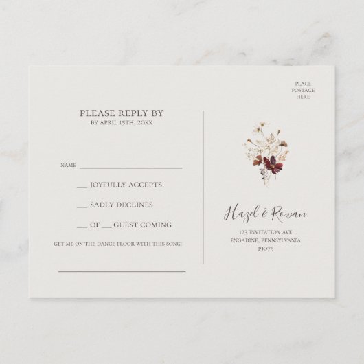 Copper Burgundy Wildflower Beige Song Request RSVP Briefkaart (Achterkant)