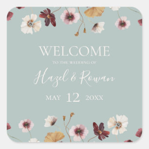 Copper Burgundy Wildflower   Blauwgroen bruiloft W Vierkante Sticker