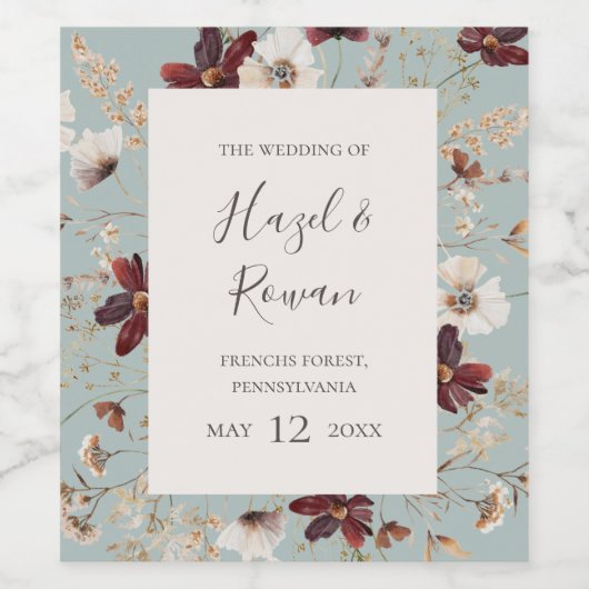 Copper Burgundy Wildflower | Blauwgroen huwelijk Wijn Etiket (Enkel label)