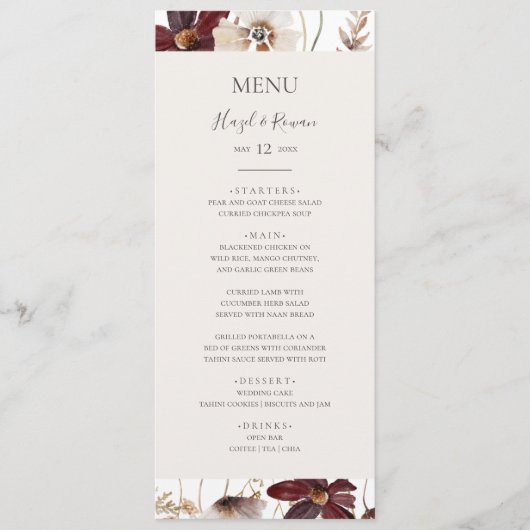 Copper Burgundy Wildflower | Menu Weddenrennen (Voorkant)