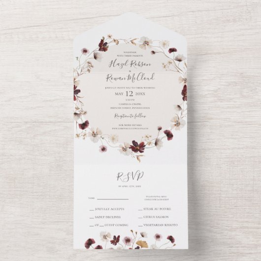Copper Burgundy Wildflower Seal and Send All In One Uitnodiging (Binnen)