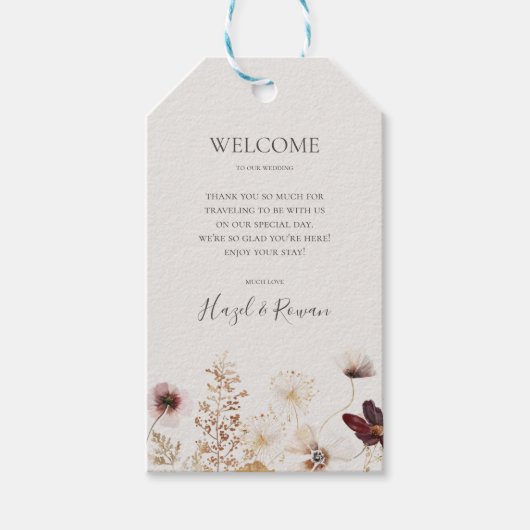 Copper Burgundy Wildflower | Welkom beige Weddensc Cadeaulabel (Voorkant)