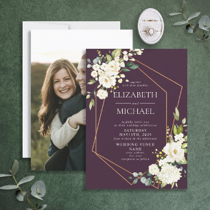 Copper Geometric Plum White Elegant Photo Wedding Kaart